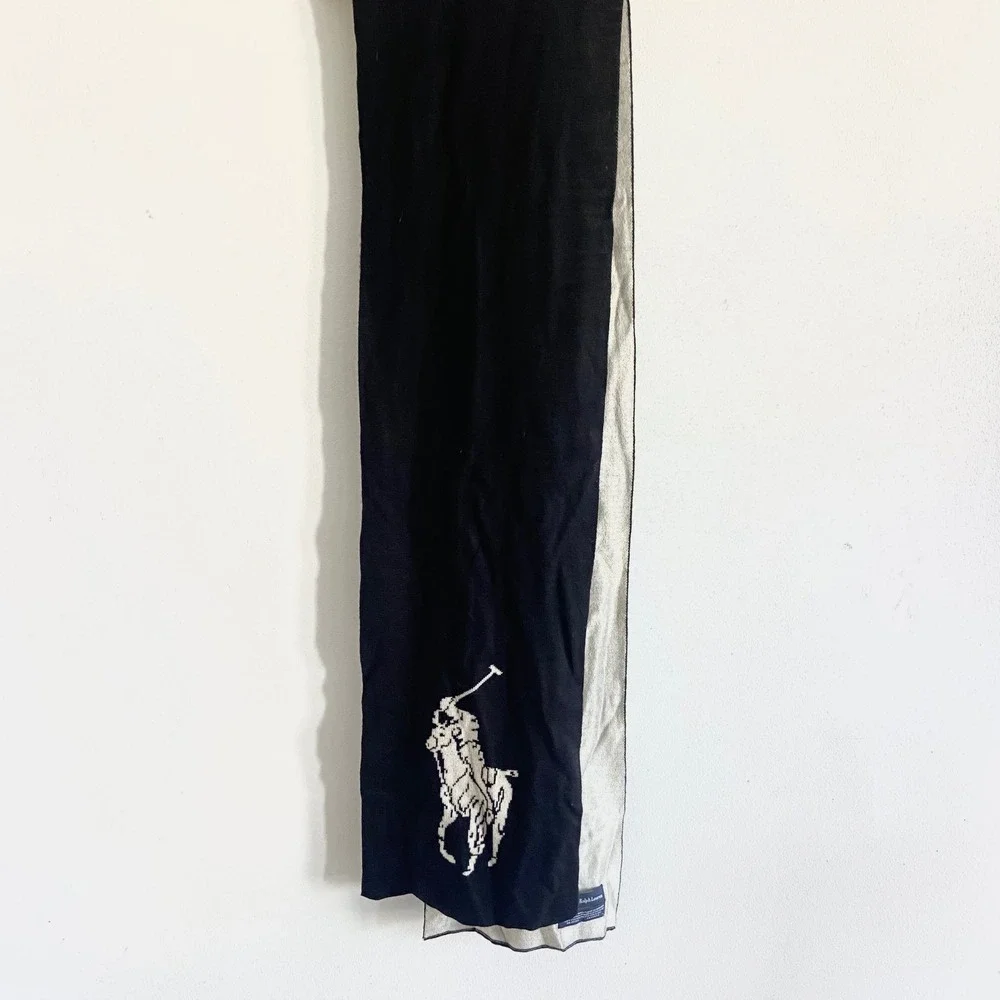 Polo Ralph Lauren Merino Wool Scarf Black Cream Big Pony Logo 9x72 Reversible